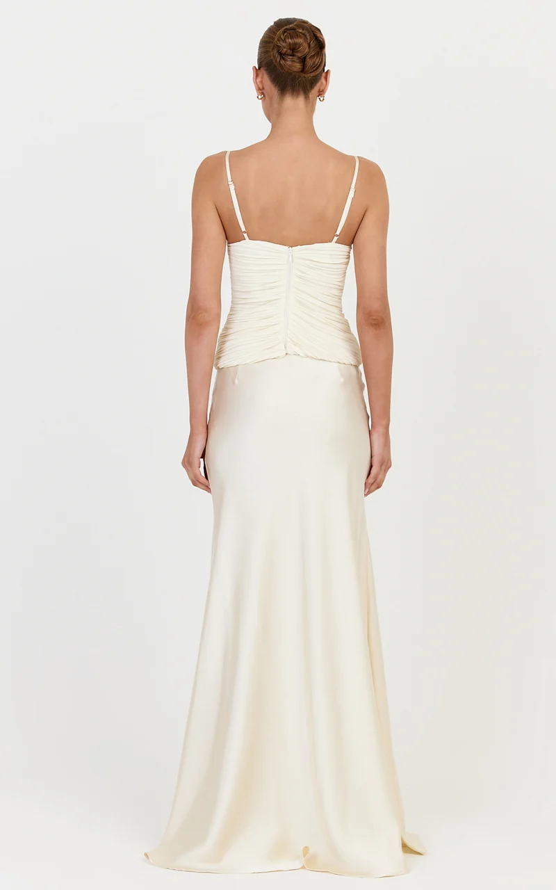 Veda Two Piece Top and Skirt Set - Plunge Ruched Plisse Contrast Satin Skirt Set in Champagne