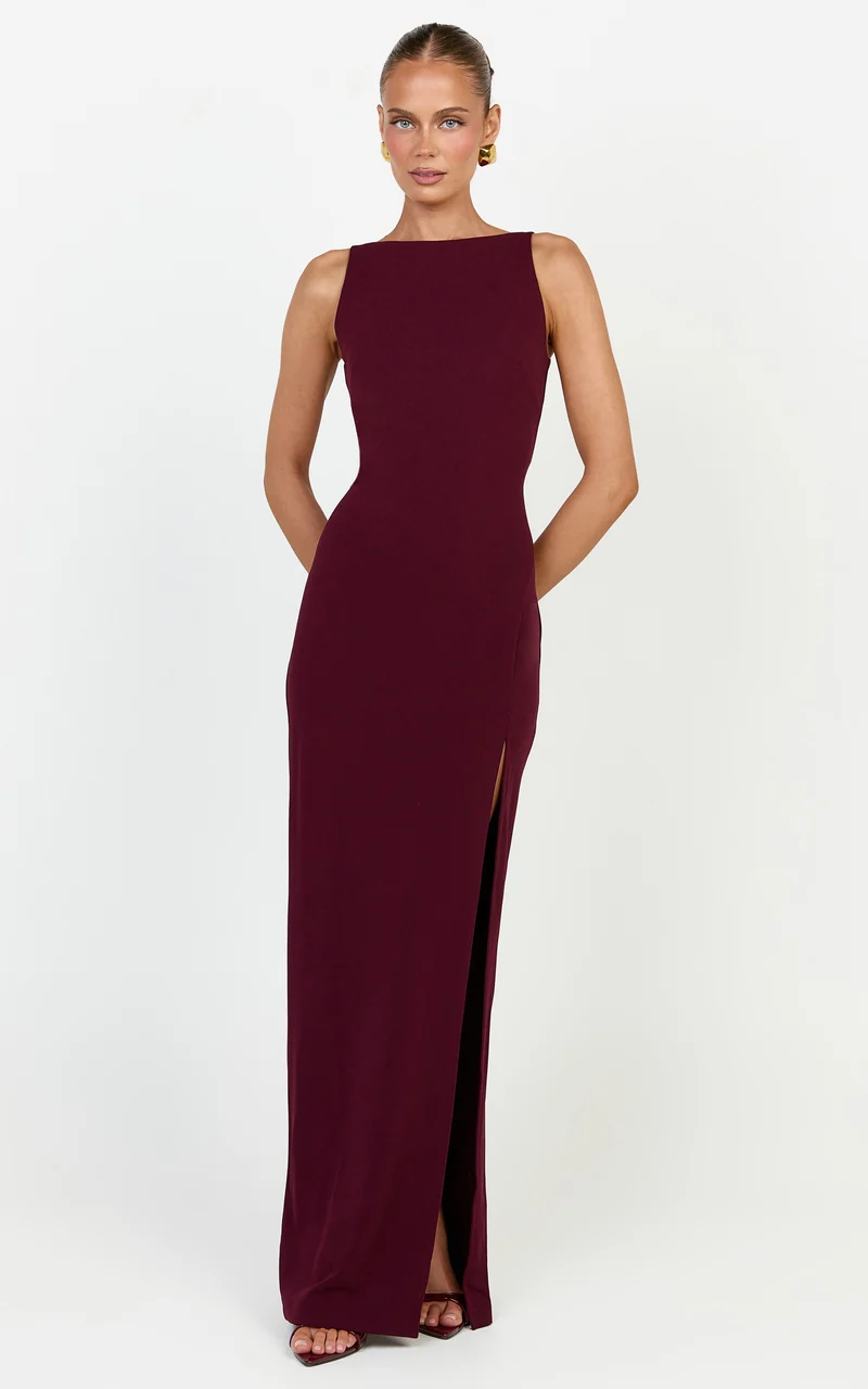 Indi Maxi Dress - Boat Neck Bodycon Dress in Plum