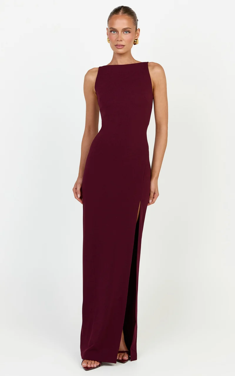 Indi Maxi Dress - Boat Neck Bodycon Dress in Plum