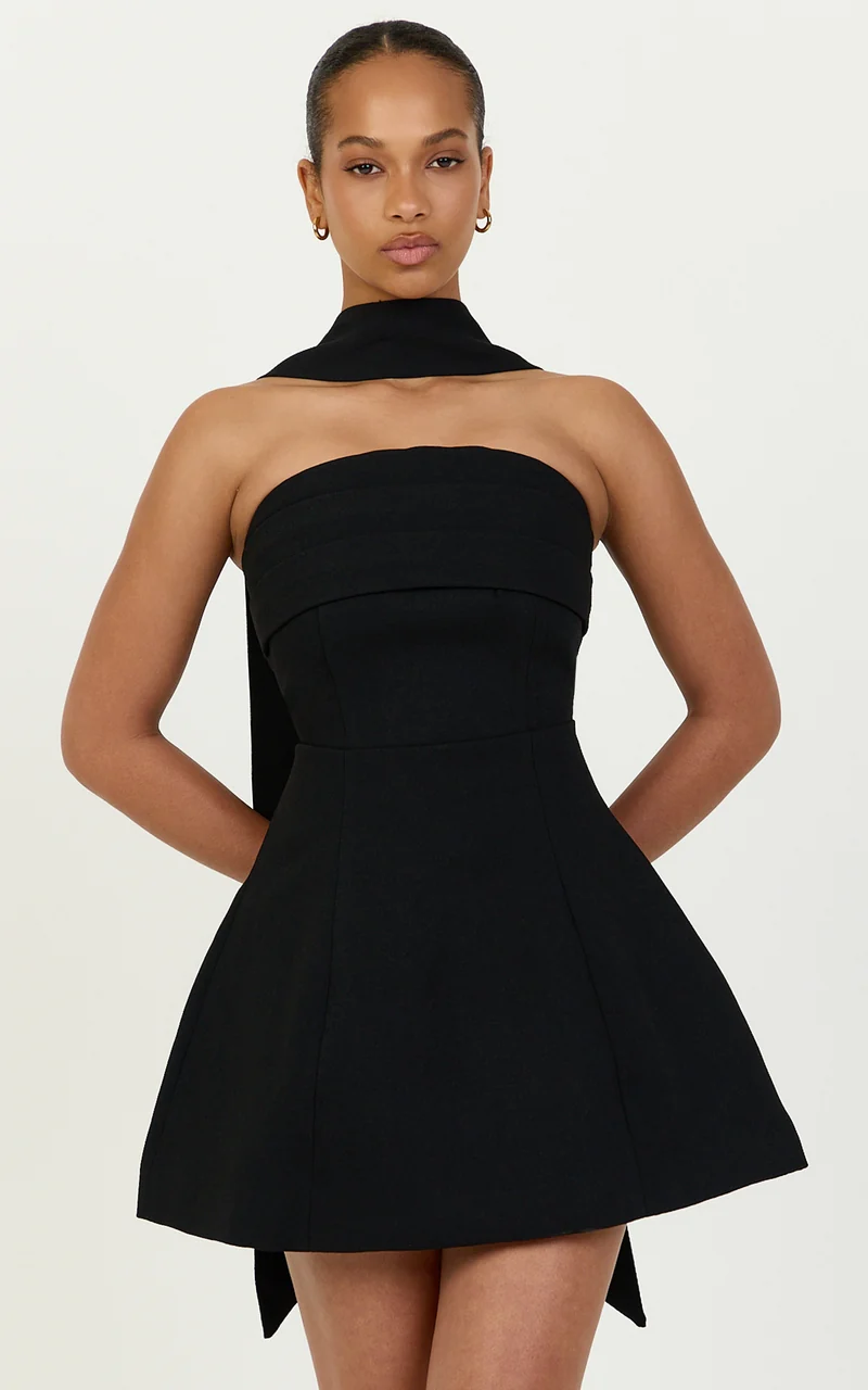 Marcelline Mini Dress - Strapless A Line Dress With Neck Scarf in Black