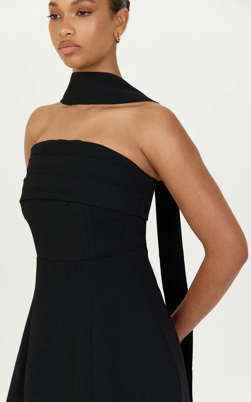 Marcelline Mini Dress - Strapless A Line Dress With Neck Scarf in Black