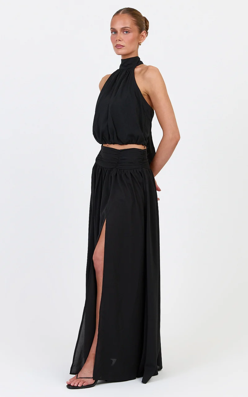 Melanie Maxi Skirt - Gathered Yoke Skirt in Black