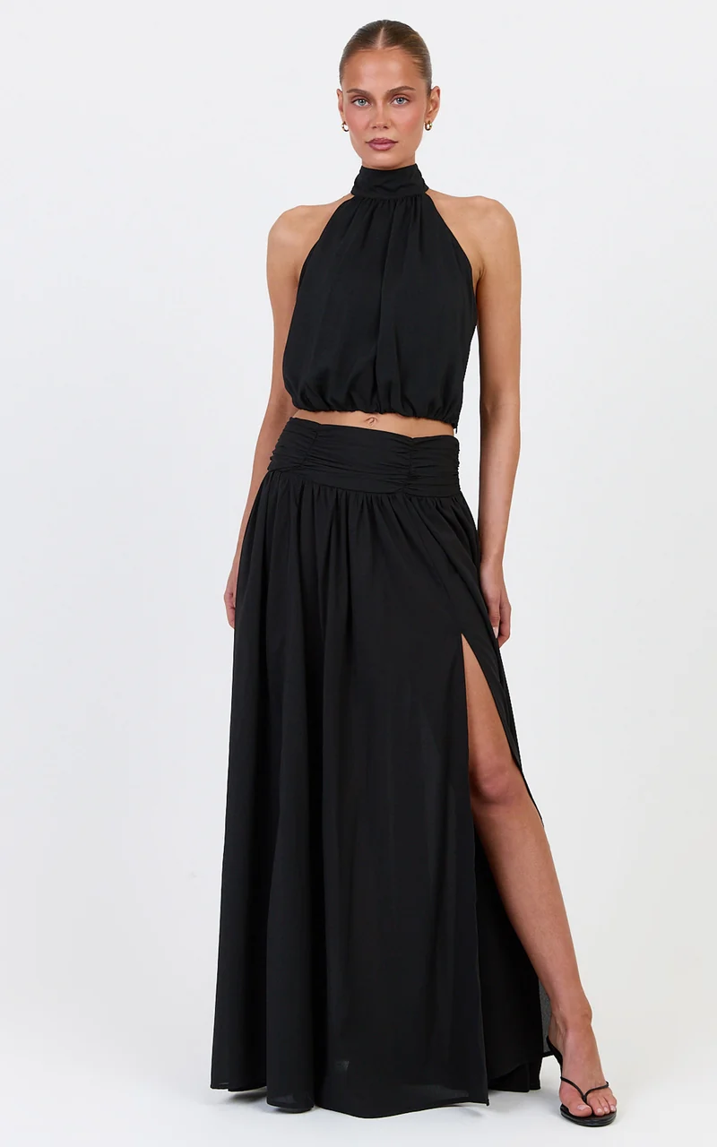 Melanie Maxi Skirt - Gathered Yoke Skirt in Black