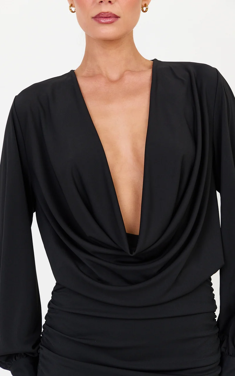 Anastasia Mini Dress - Low Cowl Neck Dress in Black