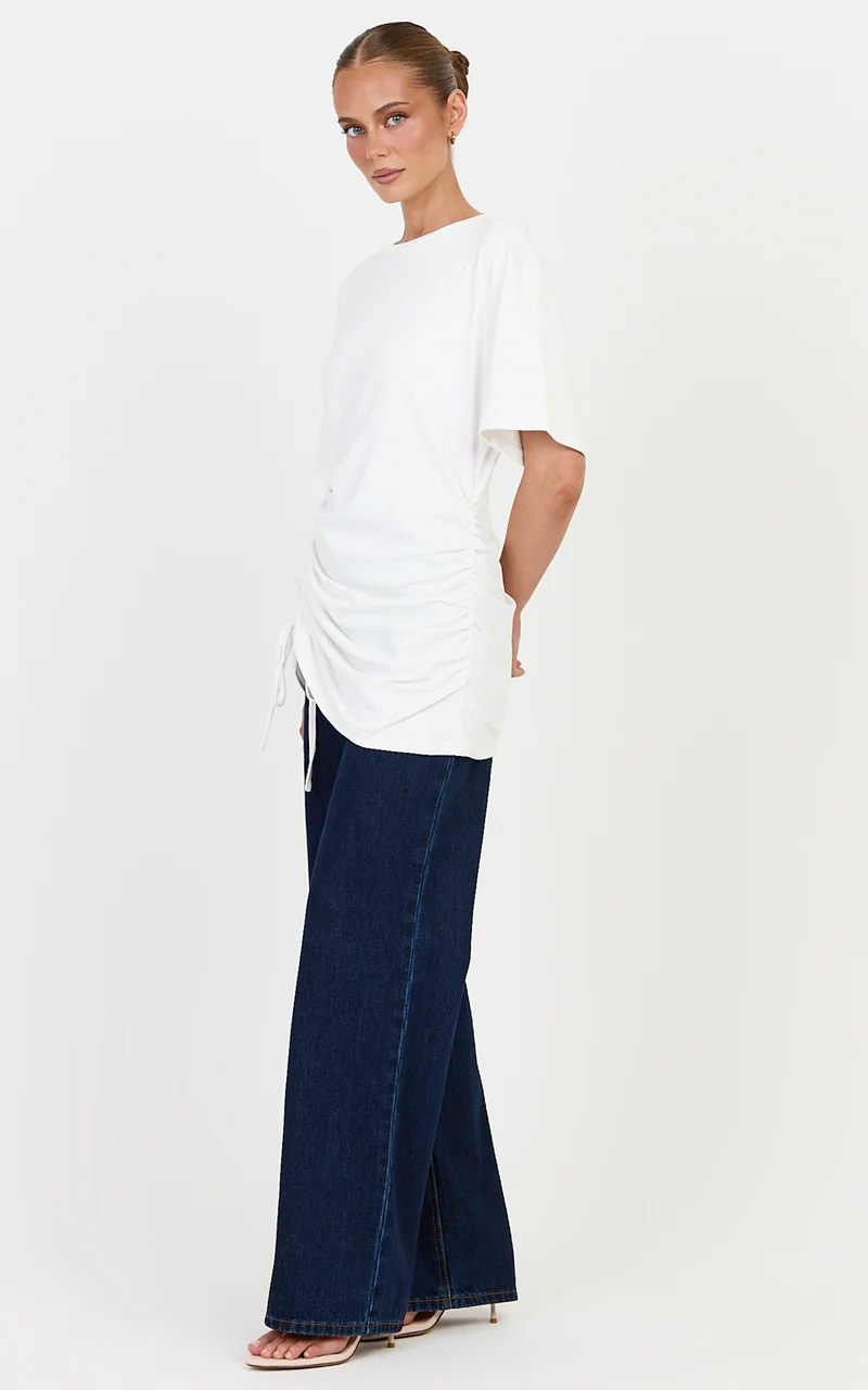 June Top - Longline T Shirt With Ruched Detail in Ivory