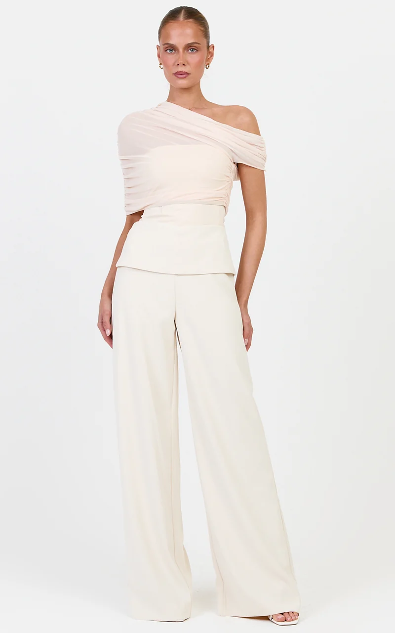 Violet Pants - Folded Waistband Wide Leg Pants in Cream