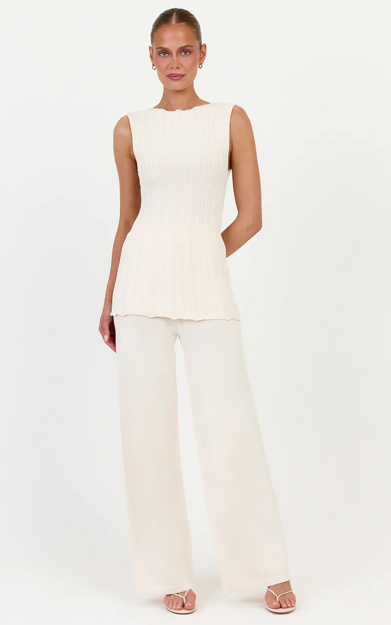 Elodie Two Piece Set - Rib Knit Top and Pant Set in Off White