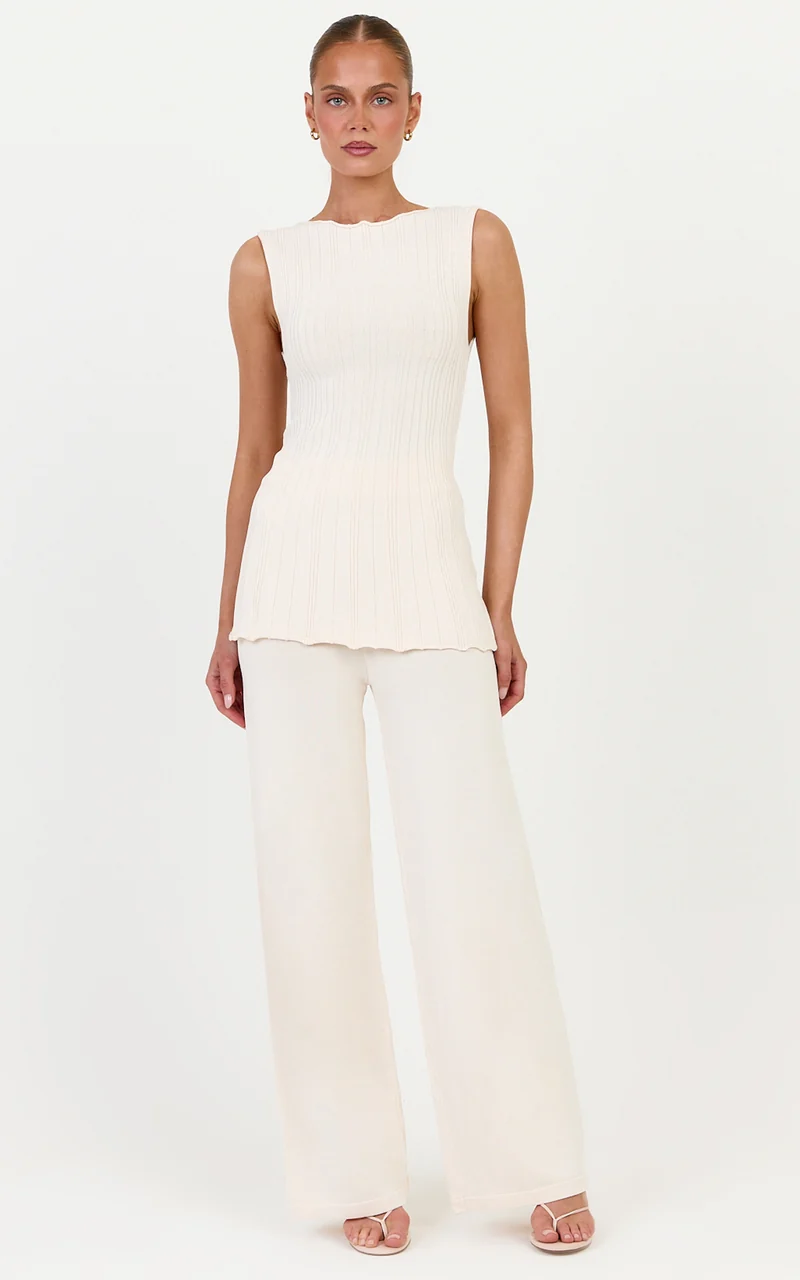 Elodie Two Piece Set - Rib Knit Top and Pant Set in Off White