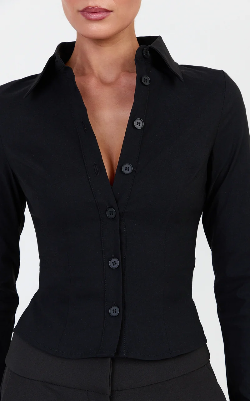 Zareena Top - Button Down Collar Shirt in Black