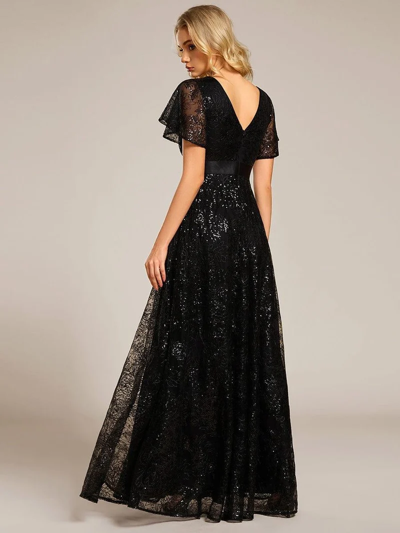 ever CORY|Robe longue de soirée à sequins et manches courtes à col en V Illusion(Vente finale)