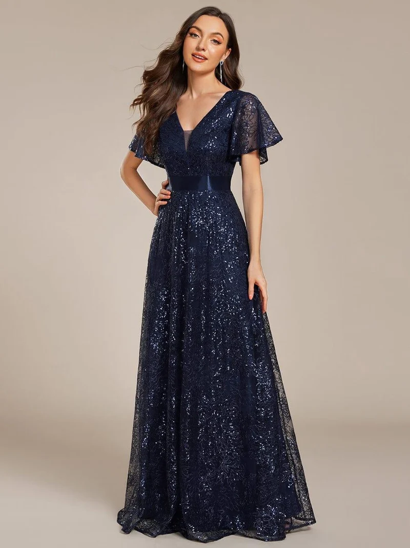 ever CORY|Robe longue de soirée à sequins et manches courtes à col en V Illusion(Vente finale)