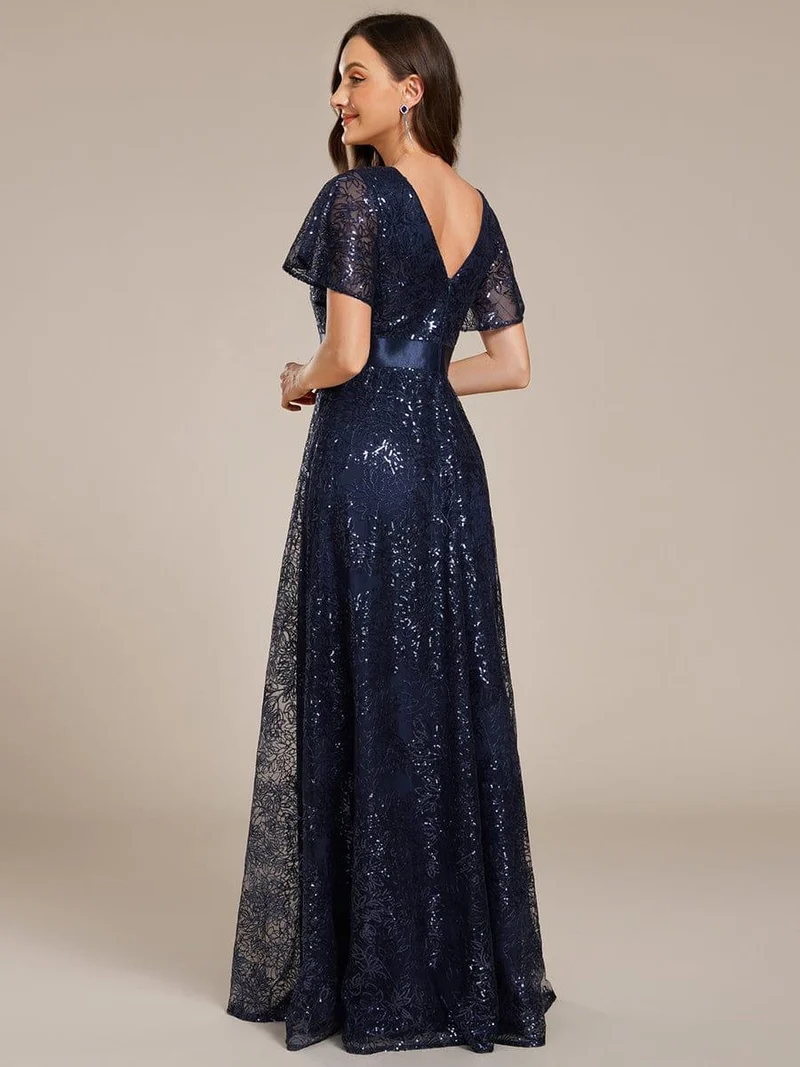 ever CORY|Robe longue de soirée à sequins et manches courtes à col en V Illusion(Vente finale)