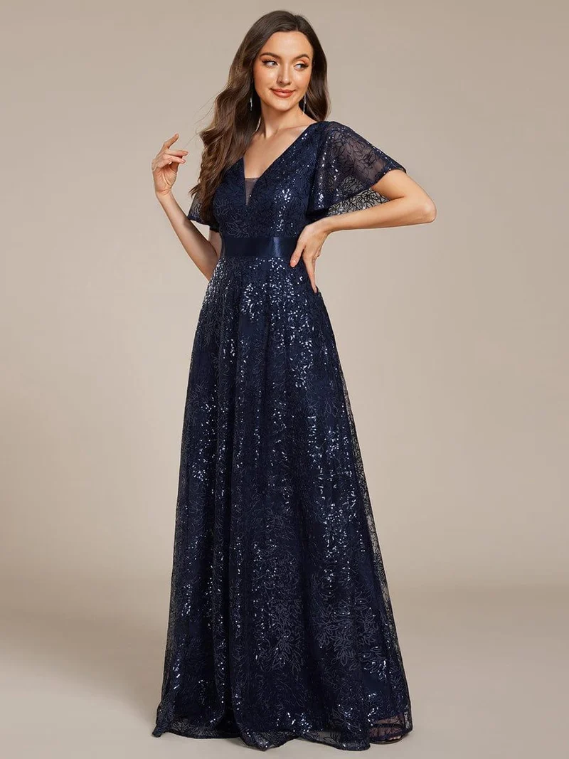 ever CORY|Robe longue de soirée à sequins et manches courtes à col en V Illusion(Vente finale)