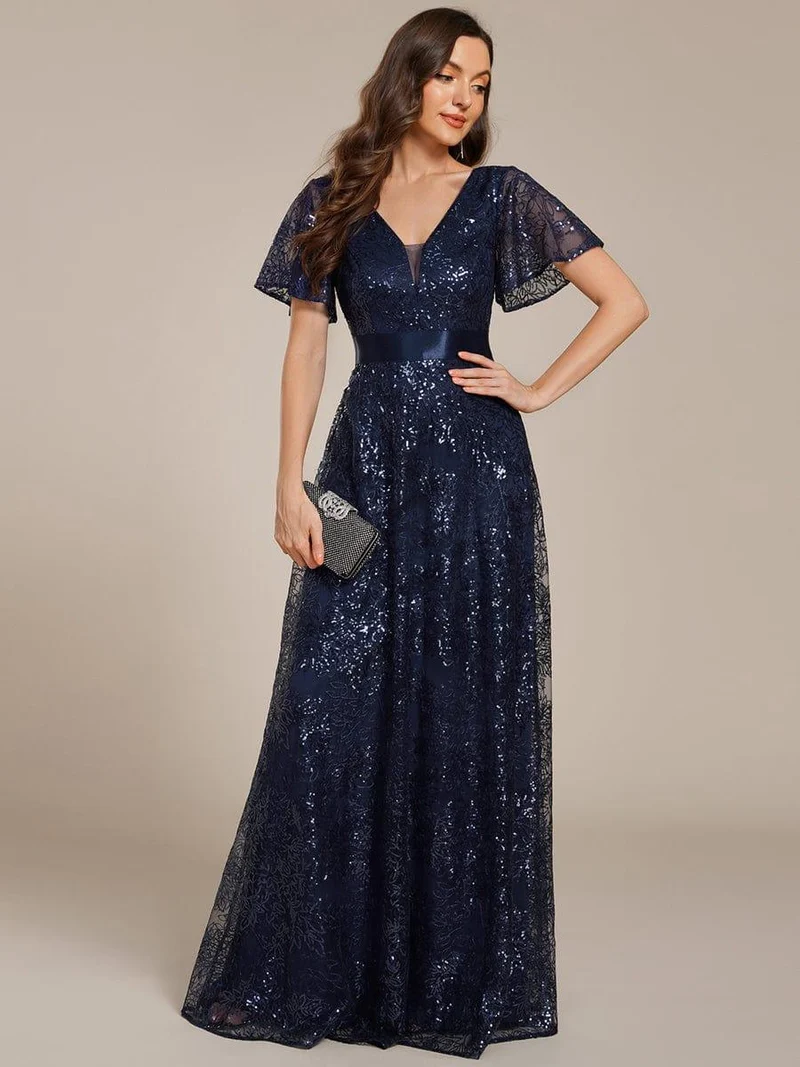 ever CORY|Robe longue de soirée à sequins et manches courtes à col en V Illusion(Vente finale)