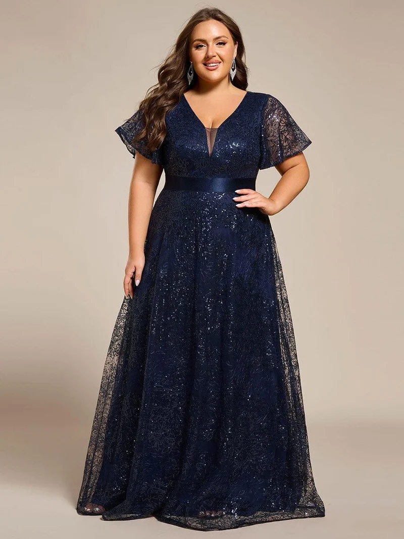 ever CORY|Robe longue de soirée à sequins et manches courtes à col en V Illusion(Vente finale)