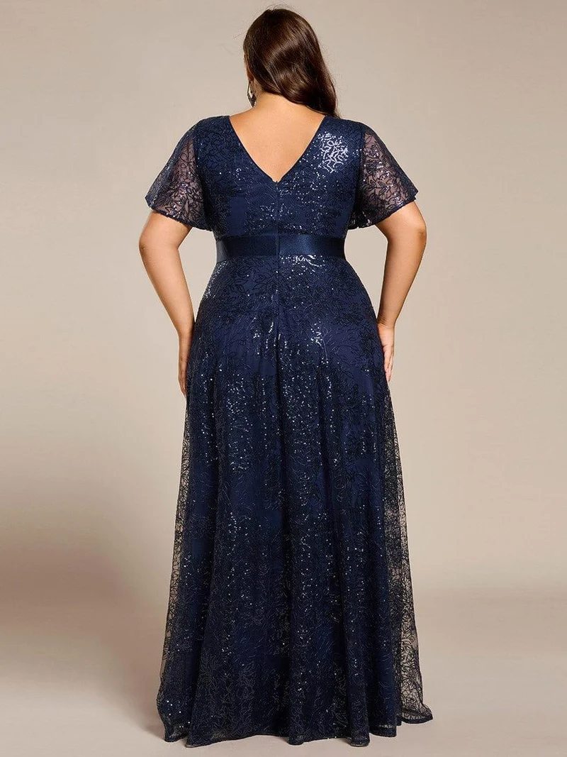 ever CORY|Robe longue de soirée à sequins et manches courtes à col en V Illusion(Vente finale)