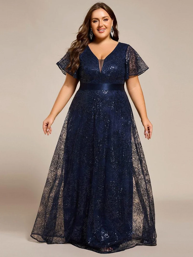 ever CORY|Robe longue de soirée à sequins et manches courtes à col en V Illusion(Vente finale)