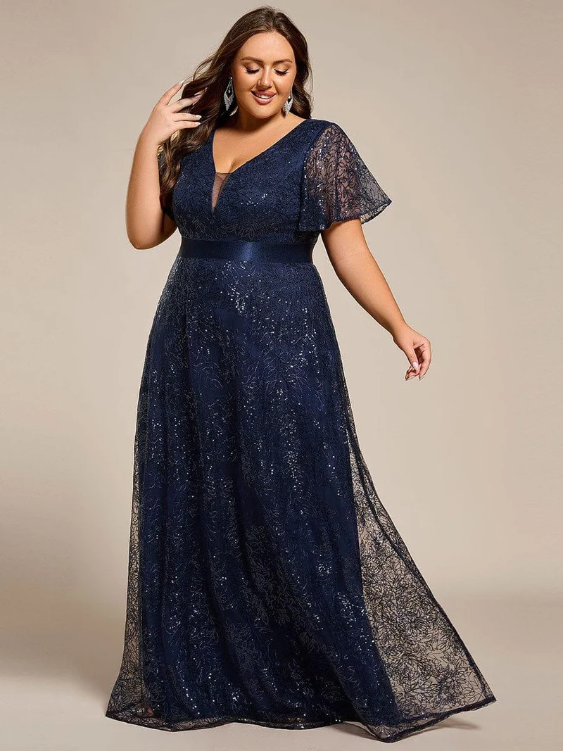 ever CORY|Robe longue de soirée à sequins et manches courtes à col en V Illusion(Vente finale)
