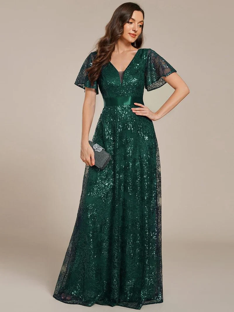 ever CORY|Robe longue de soirée à sequins et manches courtes à col en V Illusion(Vente finale)