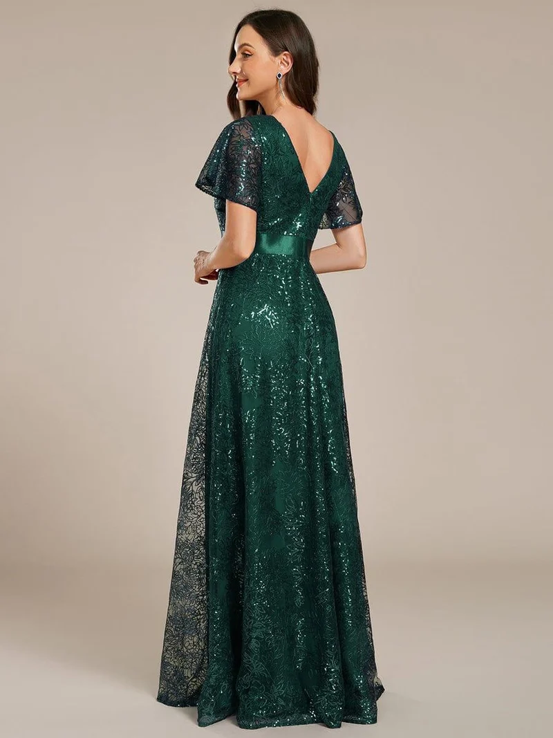 ever CORY|Robe longue de soirée à sequins et manches courtes à col en V Illusion(Vente finale)