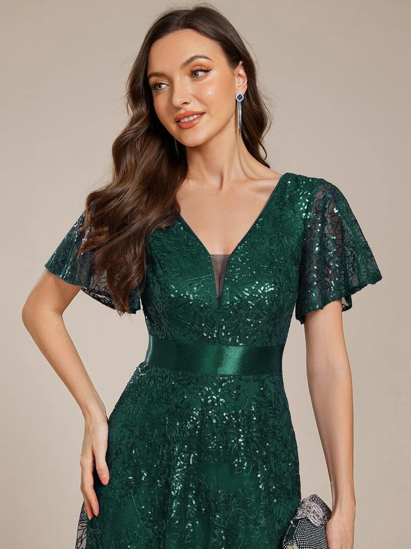ever CORY|Robe longue de soirée à sequins et manches courtes à col en V Illusion(Vente finale)