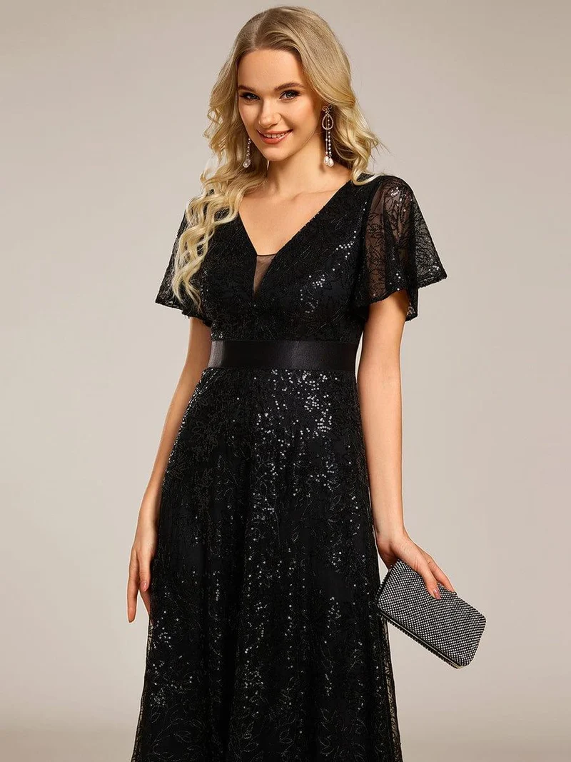 ever CORY|Robe longue de soirée à sequins et manches courtes à col en V Illusion(Vente finale)
