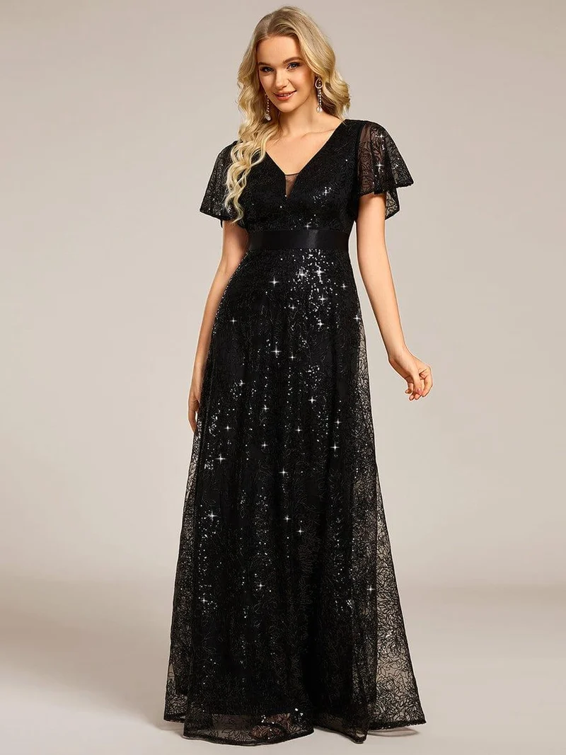 ever CORY|Robe longue de soirée à sequins et manches courtes à col en V Illusion(Vente finale)