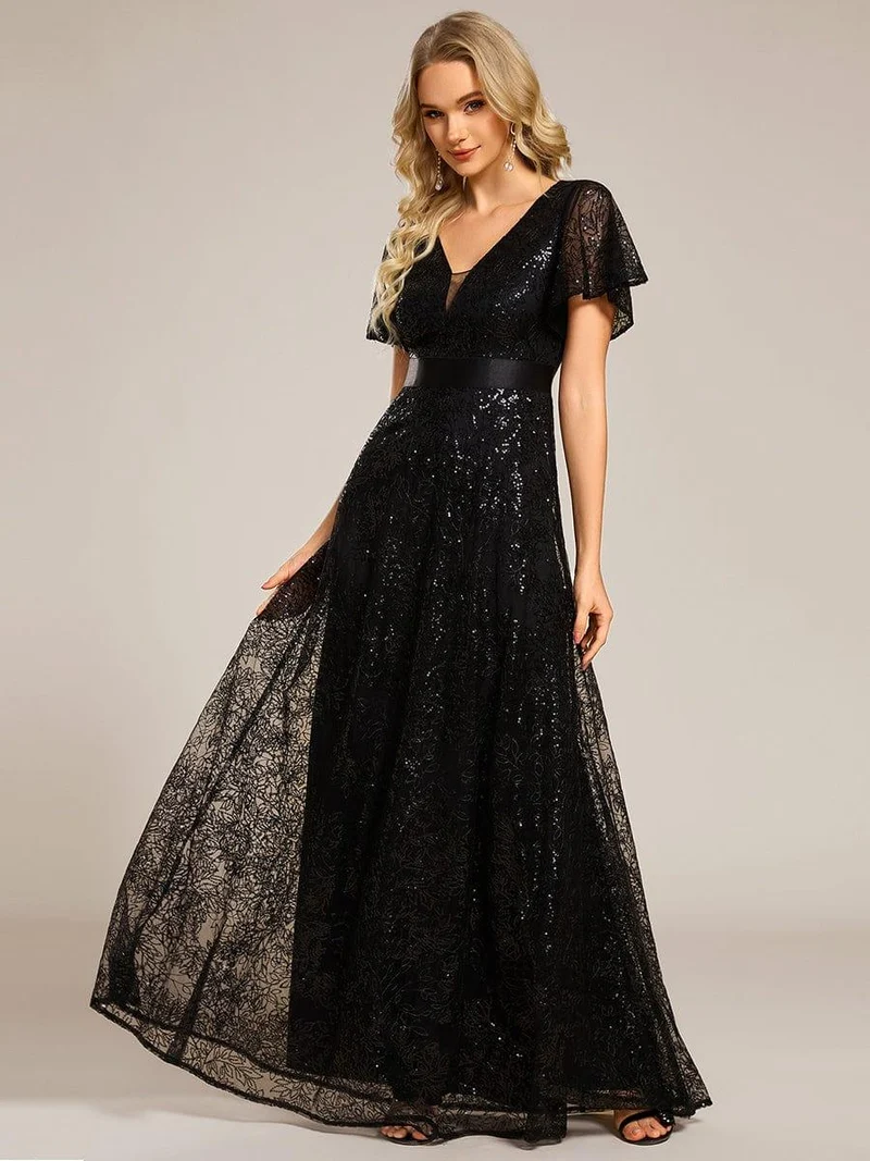 ever CORY|Robe longue de soirée à sequins et manches courtes à col en V Illusion(Vente finale)