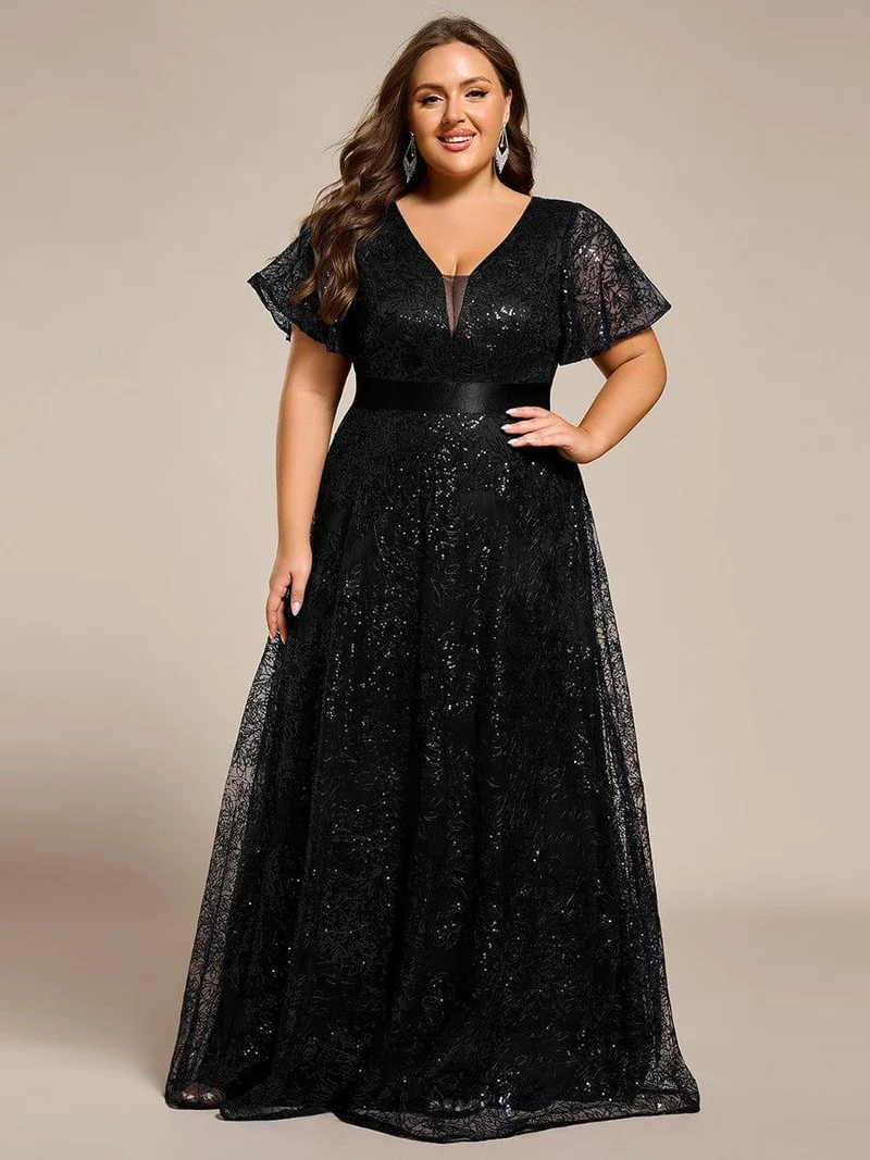 ever CORY|Robe longue de soirée à sequins et manches courtes à col en V Illusion(Vente finale)