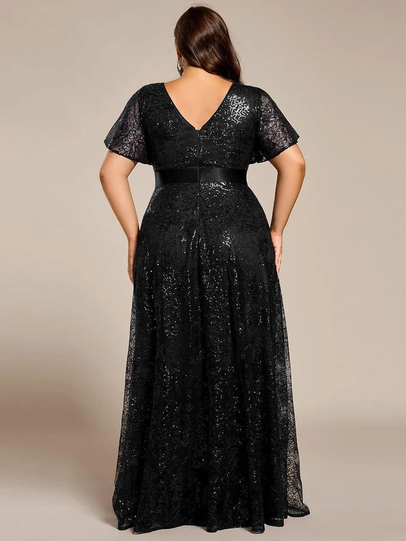 ever CORY|Robe longue de soirée à sequins et manches courtes à col en V Illusion(Vente finale)