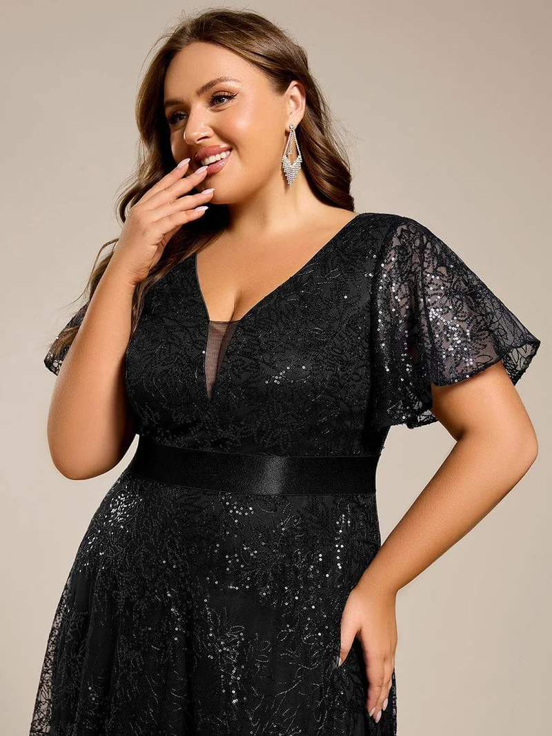 ever CORY|Robe longue de soirée à sequins et manches courtes à col en V Illusion(Vente finale)