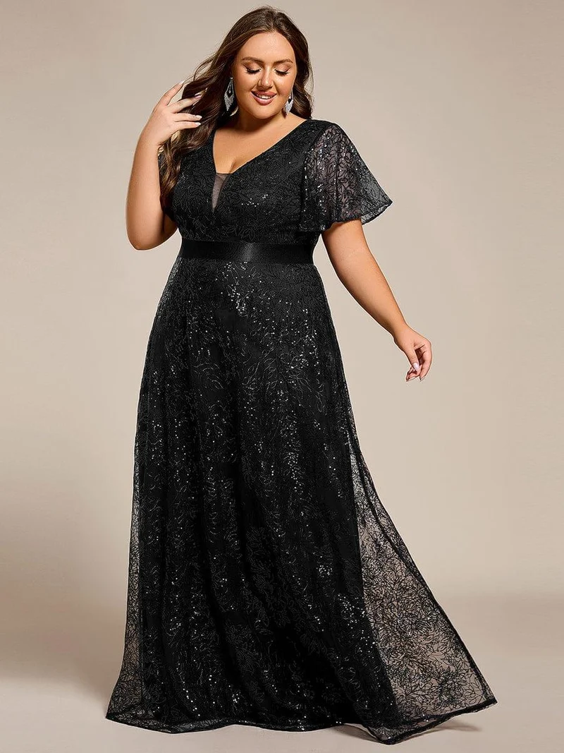 ever CORY|Robe longue de soirée à sequins et manches courtes à col en V Illusion(Vente finale)