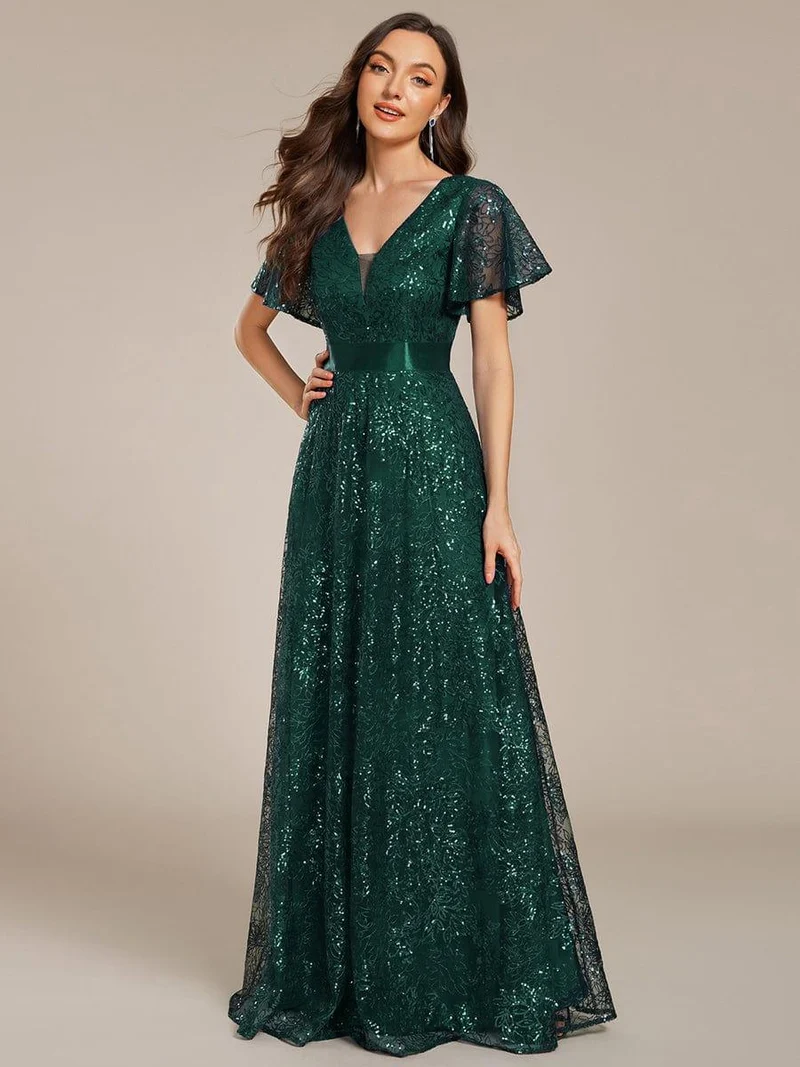 ever CORY|Robe longue de soirée à sequins et manches courtes à col en V Illusion(Vente finale)