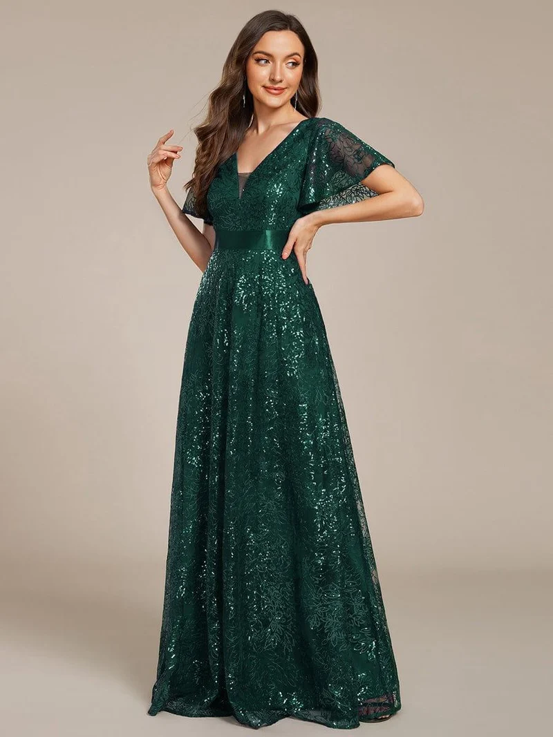 ever CORY|Robe longue de soirée à sequins et manches courtes à col en V Illusion(Vente finale)