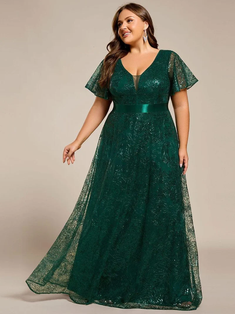 ever CORY|Robe longue de soirée à sequins et manches courtes à col en V Illusion(Vente finale)
