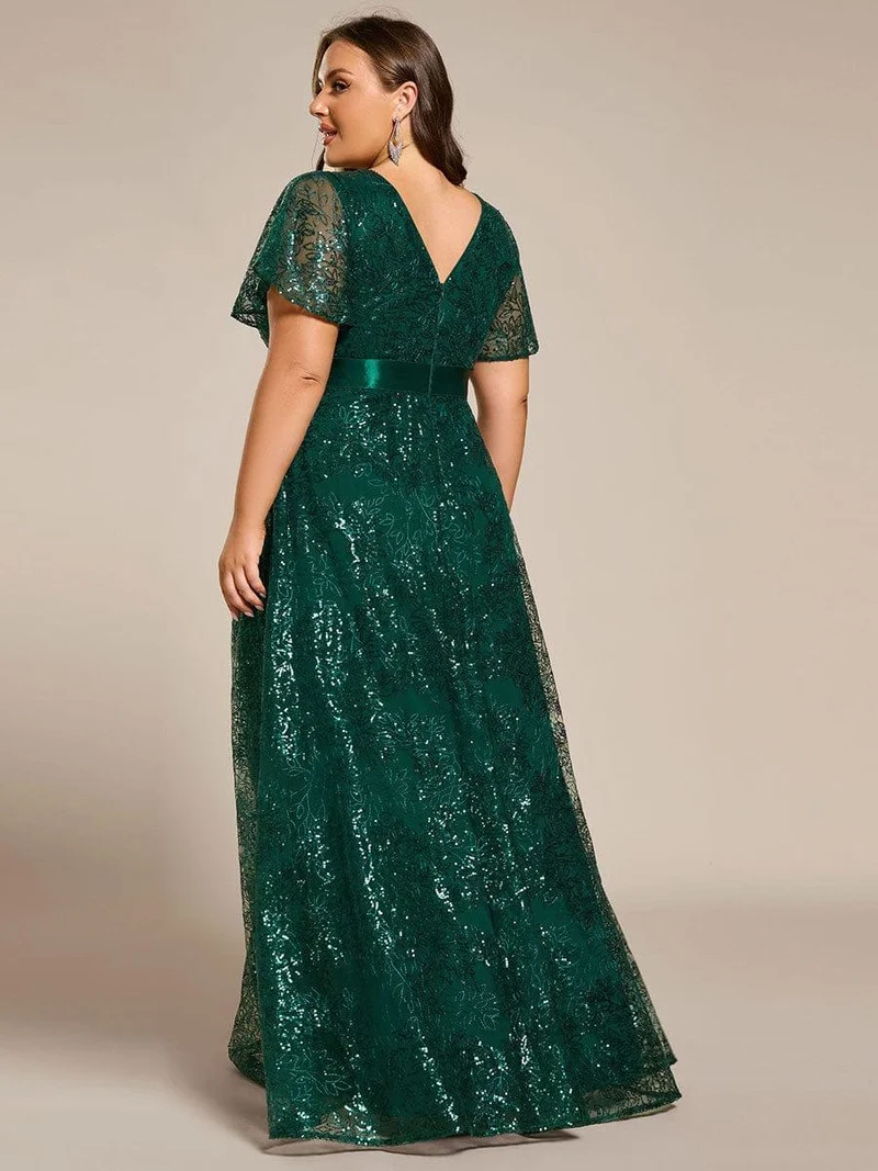 ever CORY|Robe longue de soirée à sequins et manches courtes à col en V Illusion(Vente finale)