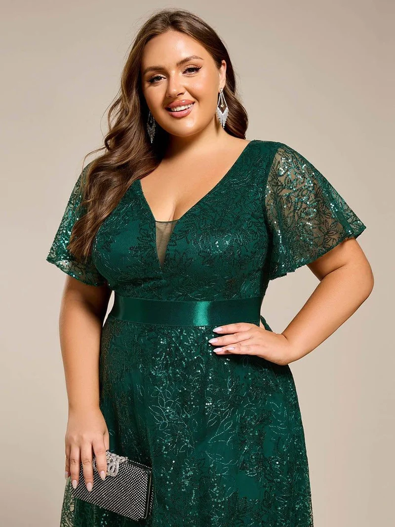 ever CORY|Robe longue de soirée à sequins et manches courtes à col en V Illusion(Vente finale)