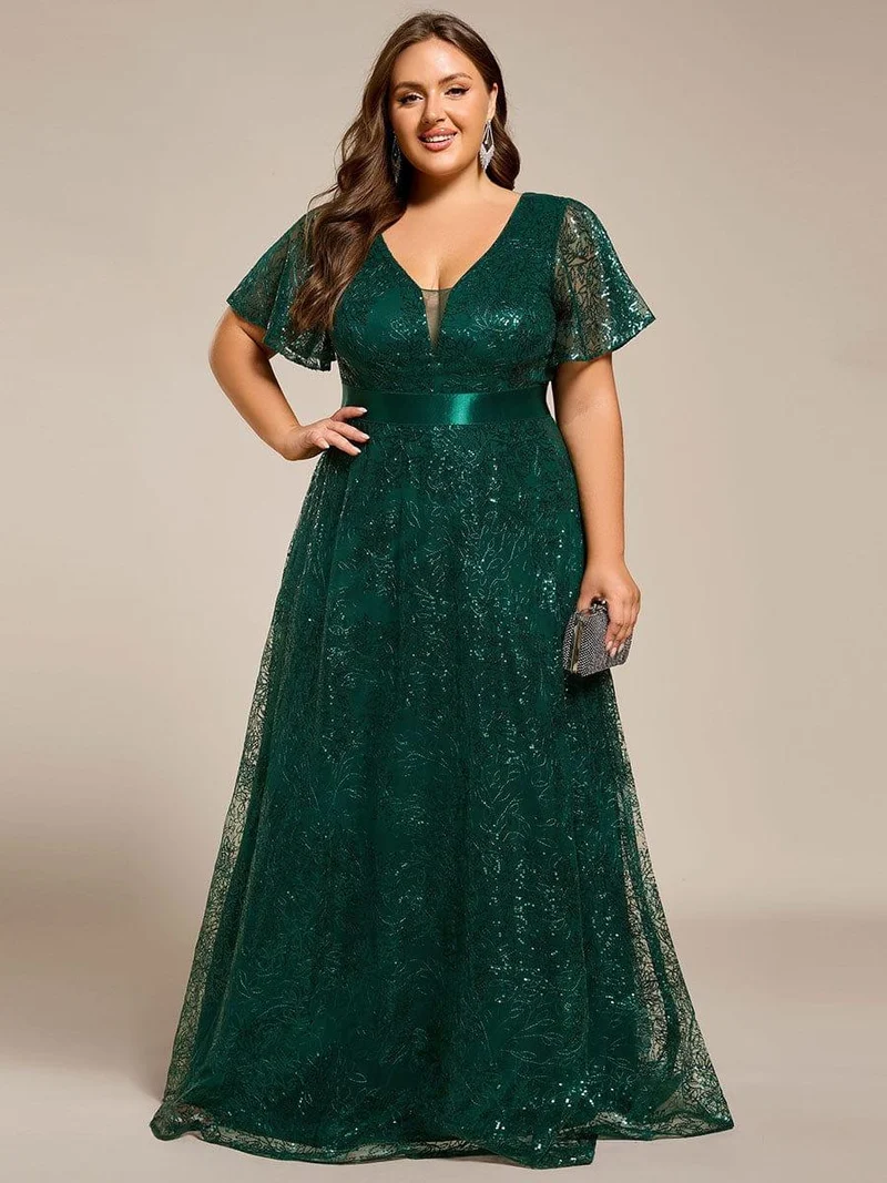 ever CORY|Robe longue de soirée à sequins et manches courtes à col en V Illusion(Vente finale)