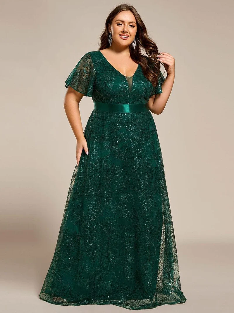 ever CORY|Robe longue de soirée à sequins et manches courtes à col en V Illusion(Vente finale)