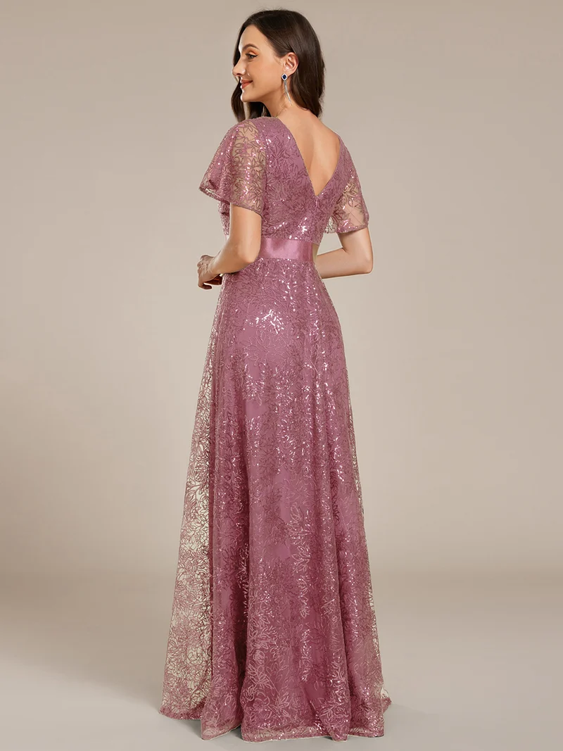 ever CORY|Robe longue de soirée à sequins et manches courtes à col en V Illusion(Vente finale)