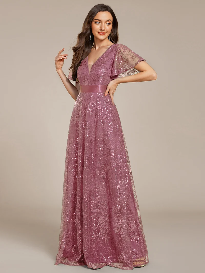 ever CORY|Robe longue de soirée à sequins et manches courtes à col en V Illusion(Vente finale)