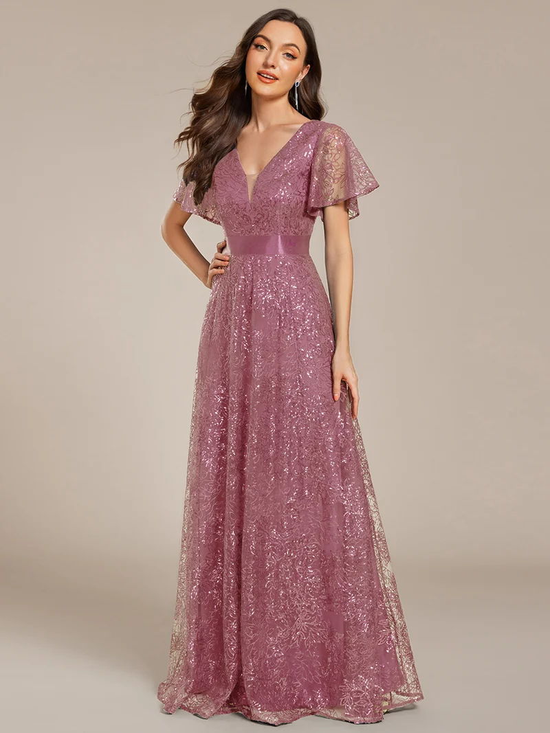 ever CORY|Robe longue de soirée à sequins et manches courtes à col en V Illusion(Vente finale)