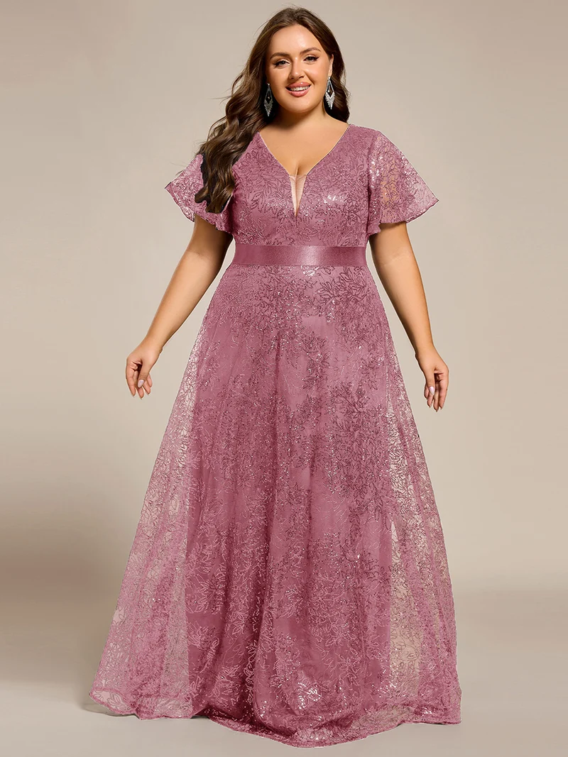 ever CORY|Robe longue de soirée à sequins et manches courtes à col en V Illusion(Vente finale)