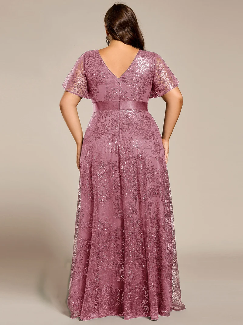 ever CORY|Robe longue de soirée à sequins et manches courtes à col en V Illusion(Vente finale)