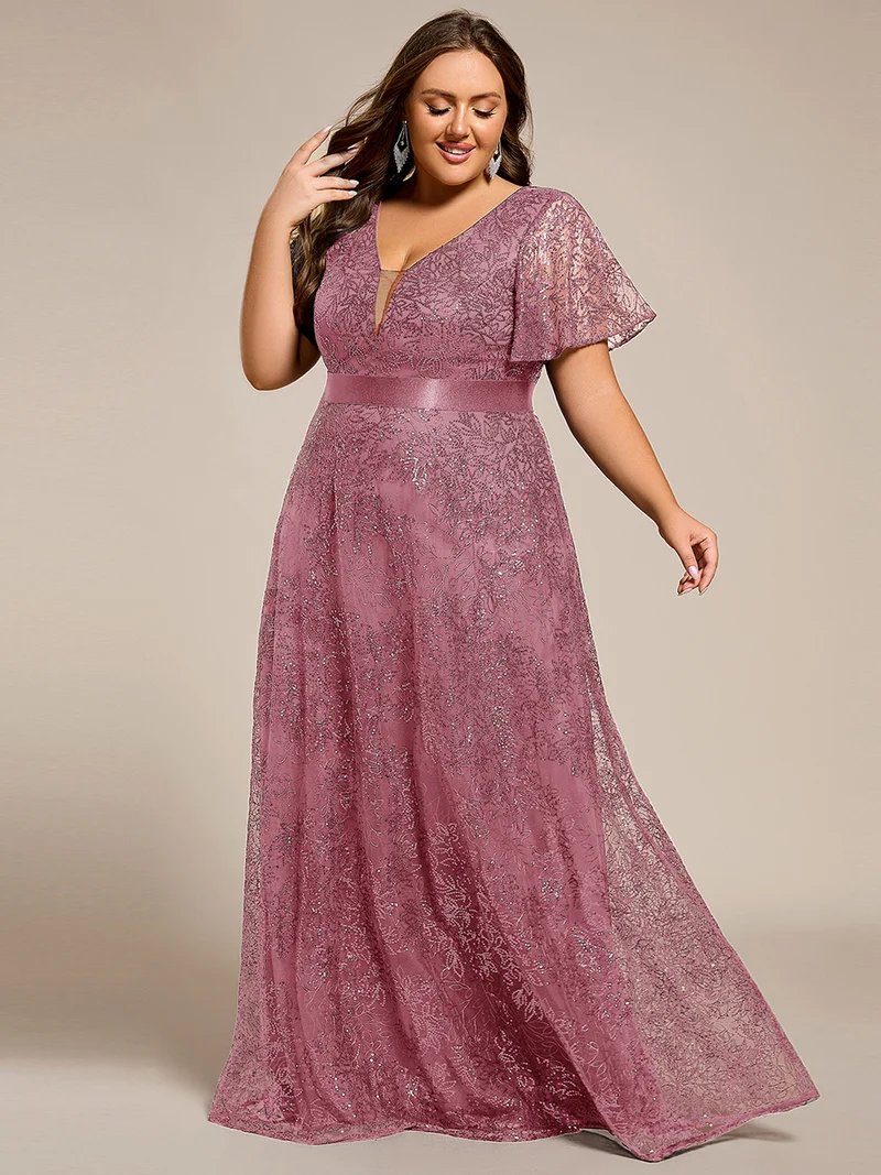ever CORY|Robe longue de soirée à sequins et manches courtes à col en V Illusion(Vente finale)