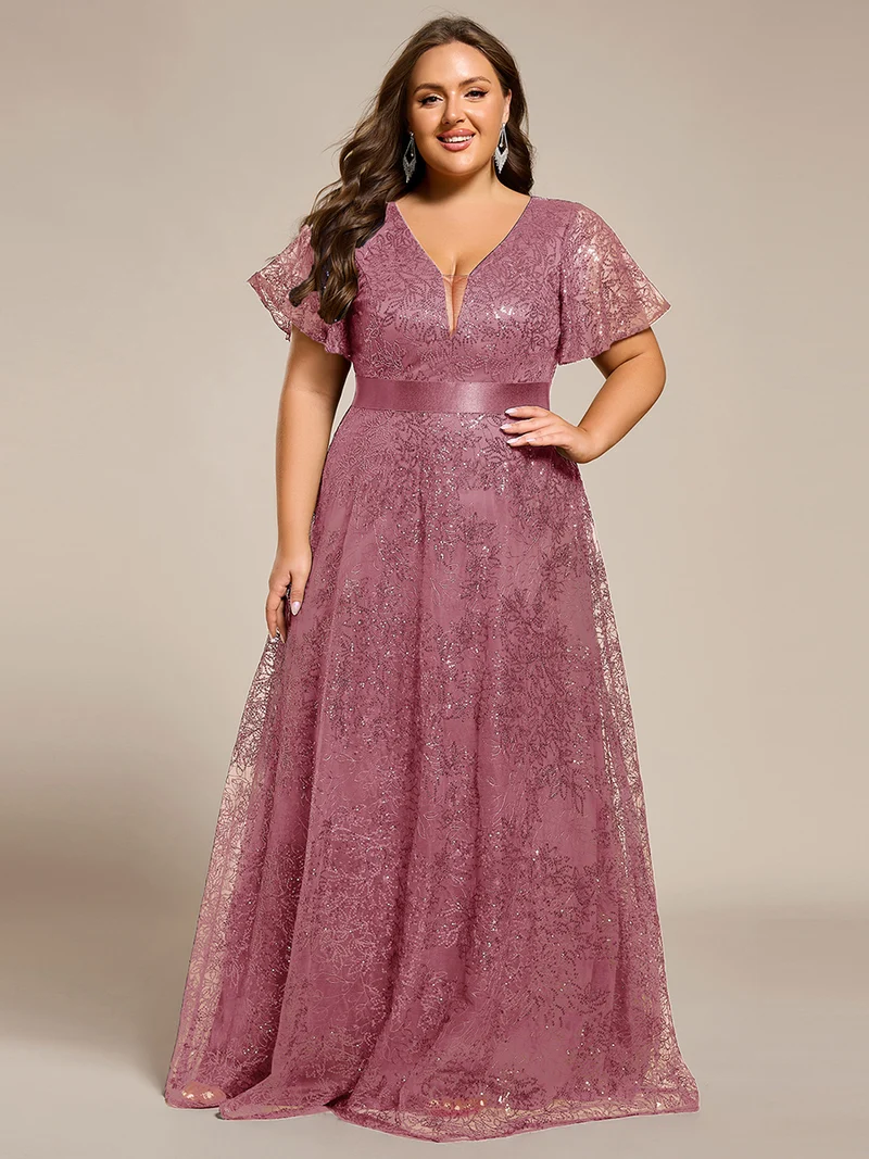 ever CORY|Robe longue de soirée à sequins et manches courtes à col en V Illusion(Vente finale)