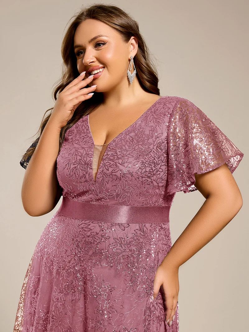 ever CORY|Robe longue de soirée à sequins et manches courtes à col en V Illusion(Vente finale)