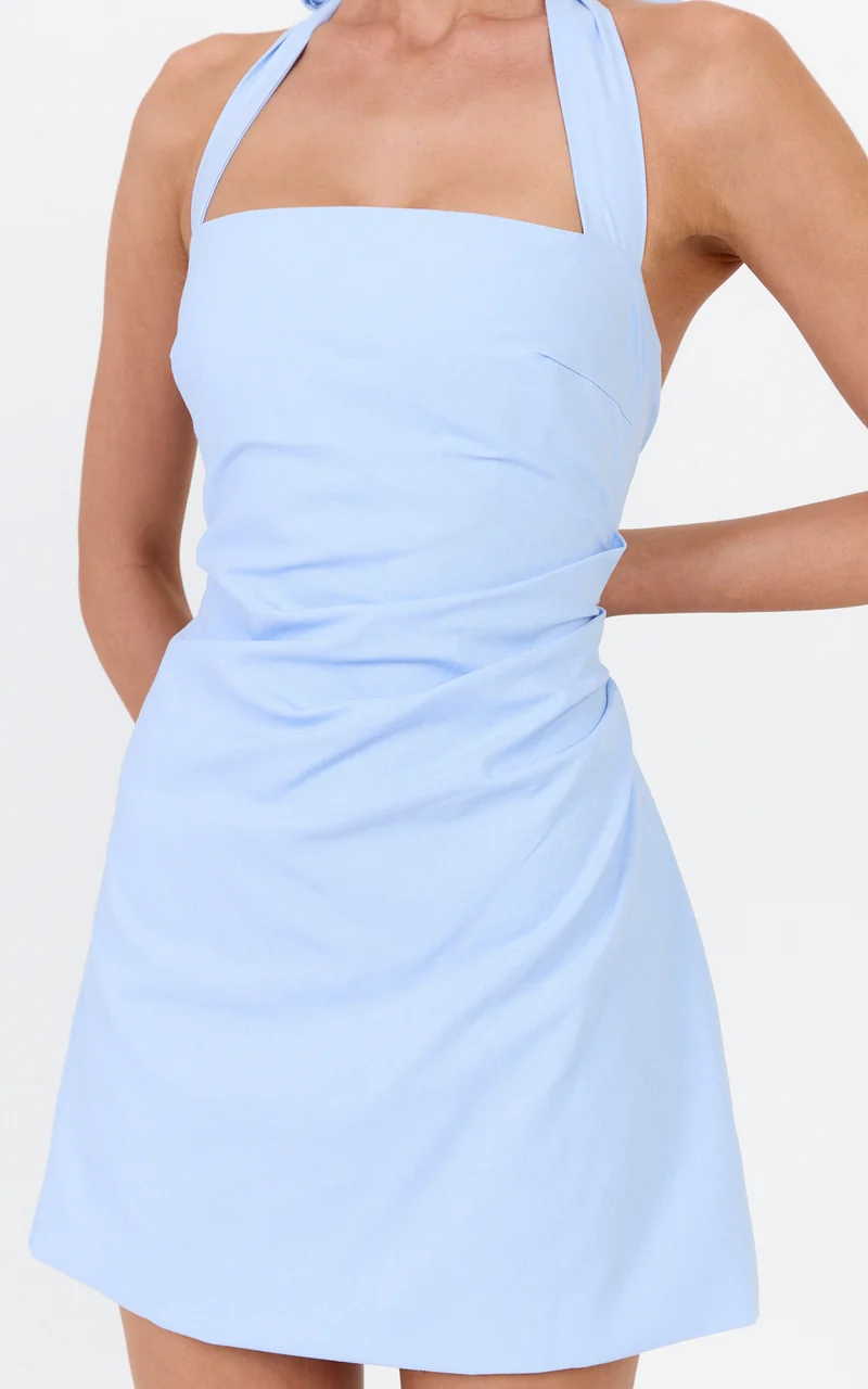 Tamika Mini Dress - Halter Neck Gathered A Line Mini Dress in Cornflower Blue