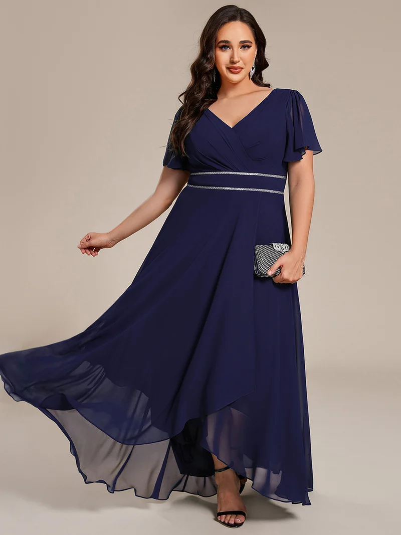 pretty DAKOTA|Robe de soirée longue en mousseline de soie à col en V et strass grande taille