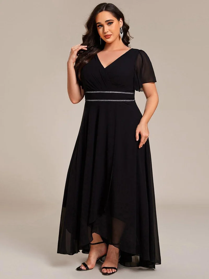 pretty DAKOTA|Robe de soirée longue en mousseline de soie à col en V et strass grande taille